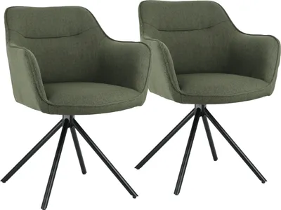 Two green fabric chairs with black metal bases are shown against a white background.