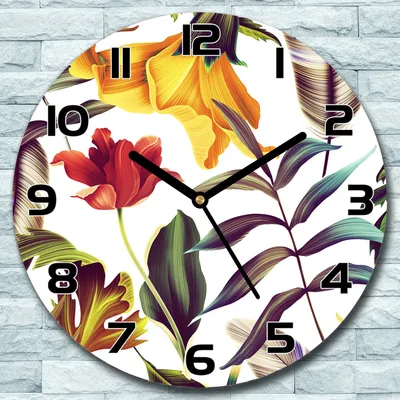 Produktbild von Wanduhr aus Glas Rund fi 30 Pflanzen und Federn Quarz Deko Wohnzimmer Büro