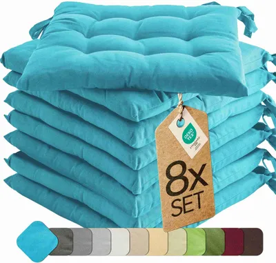 Produktbild von Sitzkissen Stuhlkissen Indoor & Outdoor 8er Set 40x40 cm - Türkis - etérea Stuhl Kissen Auflage mit Bändern