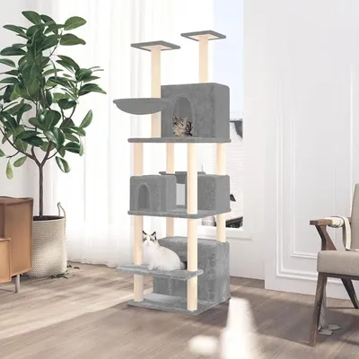 Produktbild von Kratzbaum mit Sisal-Kratzsäulen, Katzenkratzbaum, Kratzbaum, Kratzsäule, Katzen Kratzmöbel, Katzenkratzsäule, Hellgrau 180 cm