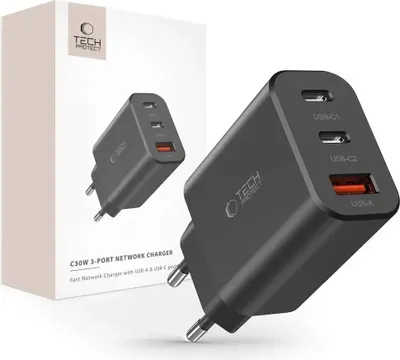 Produktbild von TECH-PROTECT NC30W 3-Port-Netzwerkladegerät PD30W/QC3.0 Schwarz