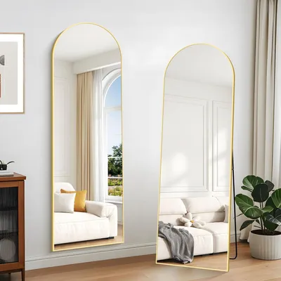 Immagine prodotto di Specchio a figura intera, 161 x 52 cm, con bordo curvo, cornice in alluminio dorato. Può essere appeso, posizionato a terra o inclinato