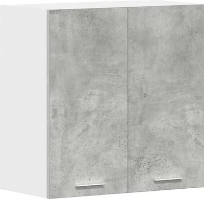 A white and concrete-effect wall cabinet with two doors and silver handles.