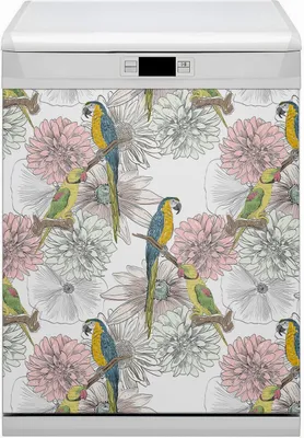 Produktbild von Magnet Folie für Geschirrspüler Küche Magnetmatte 60x70 cm  Nachbildung Geschirrspüle  - Papagei und Blumen