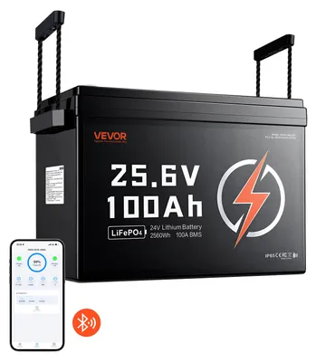 Obrázek produktu pro Baterie VEVOR LiFePO4, 24 V, 100 Ah, 100 A, lithium-iontová baterie s Bluetooth BMS, vhodná pro obytné vozy, karavany, solární systémy a elektromotory, provozní napětí 20-29,2 V DC, ochrana proti nízkým teplotám, kapacita 2560 Wh