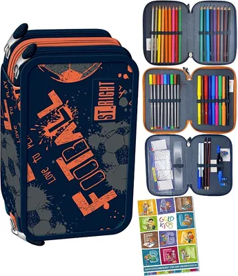Produktbild von St. Right XXL Federtasche Federmappe Federmäppchen 46-teilig gefüllte Schüleretui 3-stöckig 19 x 13 x 7 cm inkl. Hausaufgabenheft Soccer Balls Football Fußball