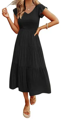 Productafbeelding van MEROKEETY Damesjurk met flatterende mouwen, gerimpelde taille, midi-lengte, V-hals, geschikt voor casual gelegenheden