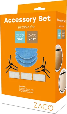 The image shows the packaging of a ZACO accessory set for robot vacuum cleaners.