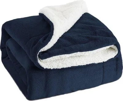 Produktbild von Unyqoos® Sherpa-Decke beidseitig aus Lammfell & Flanell-Fleece, extra dick, marineblau, 200 x 230 cm – warme, superweiche Sofa- und Wohnzimmerdecke