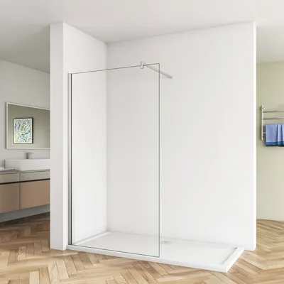 A modern bathroom with a walk-in shower.