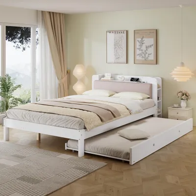 Produktbild von okwish Kinderbett 120×200 mit Ladestation und Stauraum-Kopfteil, Bettgestell mit Ausziehbett(90×190),Holzbett in Weiß,mit einer Matratze
