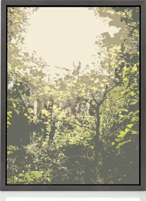 A framed artwork of a forest scene with sunlight filtering through the leaves.