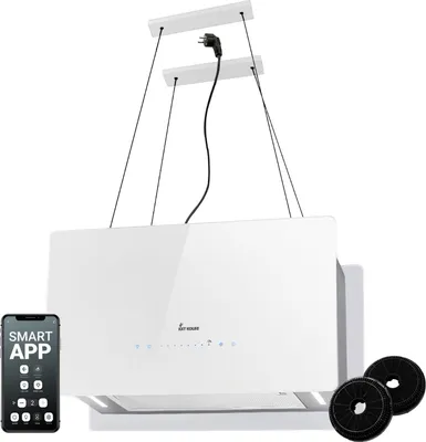 Produktbild von KKT KOLBE  Dunstabzugshaube 60 cm 764 cbm/h Umluft | Smart WLAN WiFi App | Inselhaube freihängend | Deckenmontage | Edelstahl | Weißes Glas | LED-Beleuchtung | Nachlaufautomatik | CUBE60W
