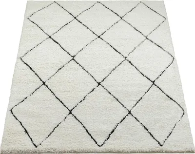 Produktbild von Shaggy Teppich Hochflor Wohnzimmerteppich Rauten Design Weich Creme Schwarz