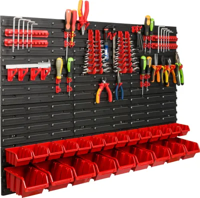 Produktbild von Lagersystem Werkstattregal | 117 x 78 cm | 23 stck. Box | Wandregal mit Werkzeughalterungen und Stapelboxen - Wandplatten Extra Starke Schüttenregal Warkzeuglochwand Lagerregal Garage Regal