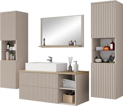Produktbild von MIRJAN24 Badmöbel Kertos Rillen III, 5er-Set Badmöbel-Set, Spiegel, Waschbeckenschrank, Waschbecken, Fronten gefräst, Spihon (Farbe: Wüstensand / Wüstensand + Eiche Cremona)