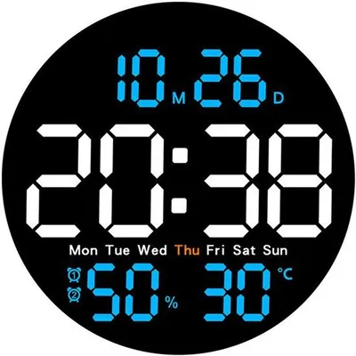 Image de Horloge murale à LED avec affichage de la température et de l'humidité, cadran défilant, éclairage, affichage de la date et du jour de la semaine, télécommande (piles non fournies).