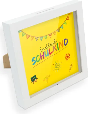 Produktbild von itenga Bilderrahmen Spardose Geldgeschenk Endlich Schulkind GELB Schulanfang