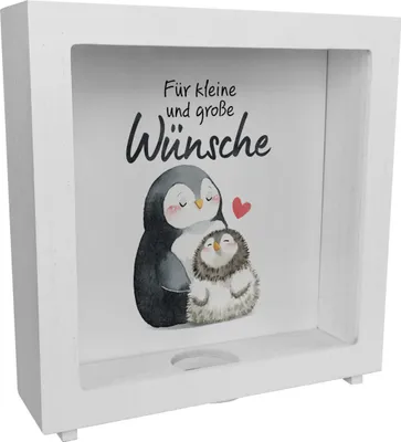 Produktbild von Pinguin Mutter und Kind Rahmen Spardose aus Holz mit Spruch Für kleine und