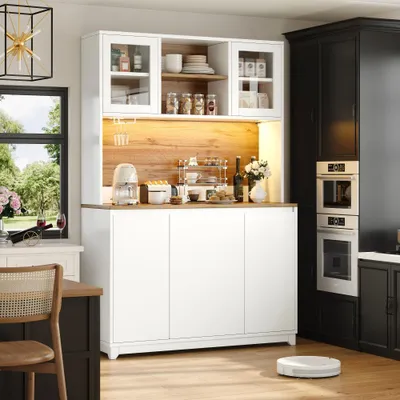 Produktbild von LED-beleuchteter Küchenschrank mit Acrylfronten, ideal als hoher Beistelltisch oder Sideboard, modernes Design für stilvolle Küchen. 120 × 40 × 180 cm, Weiß