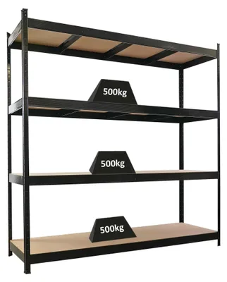Produktbild von Profi Schwerlastregal HERCULES | HxBxT 200x200x60cm | 4 MDF-Platten-Ebenen 6,8mm | Fachlast 500kg | Schwarz  | Metallregal Lagerregal Metall Steckregal Regal  60cm tief