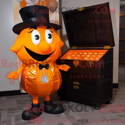 Produktbild von Maskottchenkostüm REDBROKOLY Orangefarbene Schatztruhe mit Smoking und Schuhclips