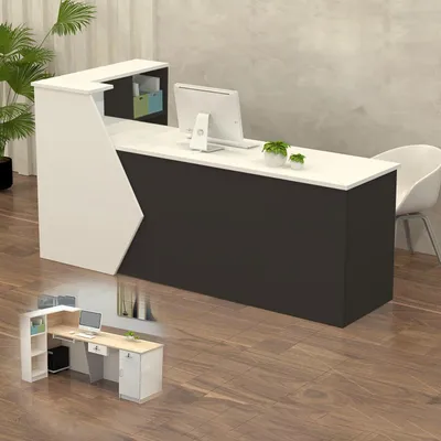 Image de Comptoir de réception avec espace de rangement, dimensions 220x60x100 cm, blanc et noir