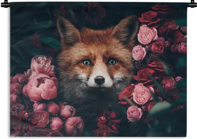 Produktbild von MuchoWow® Wandteppich Wandbehang Fuchs - Blumen - Tiere 90x67.5 cm Tapisserie Dekoration Wandtuch - Fototeppich - Wand-Skulpturen