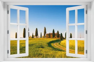 Produktbild von Wallario Wandbild aus Acryl, 60 x 90 cm, freischwebende Optik - Villa in der Toskana mit Fenster-Illusion