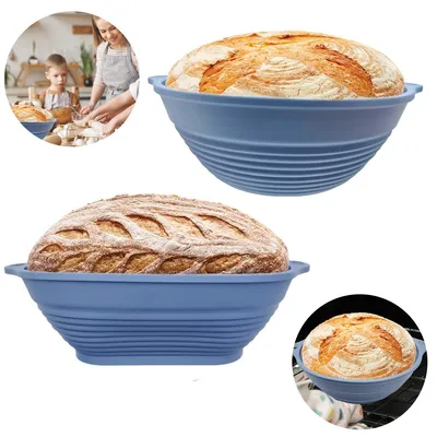 Produktbild von Silikon Brot Gärkörbchen Set, oval 28 cm & rund 25 cm, klappbar, lebensmittelecht & spülmaschinengeeignet, ideal für Sauerteig