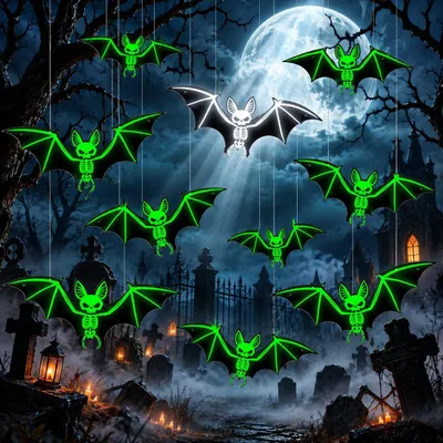 Imagen del producto de Decoración de murciélagos para Halloween, luminosos - Juego de 10 - Decoraciones para exteriores