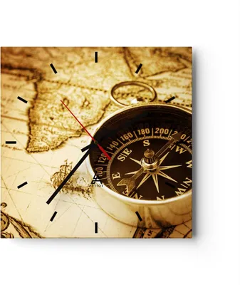 Produktbild von Wanduhr - Quadrat - Glasuhr - Kompass alt reisen Reise - 30x30cm - Schleichendes Uhrwerk - Lautlos - zum Aufhängen bereit - Dekoration Modern - Wanddekoration aus Glas - C3AC30x30-2103