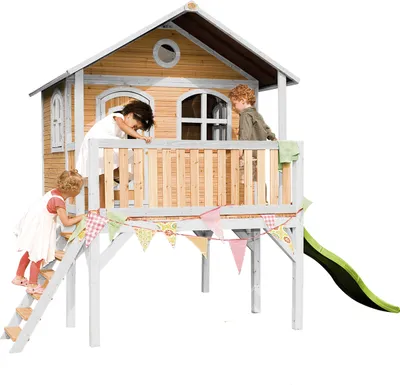 Produktbild von AXI Spielhaus Sophie mit hellgrüner Rutsche | Stelzenhaus in Braun & Weiß aus  Holz für Kinder | Spielturm mit Wellenrutsche für den Garten