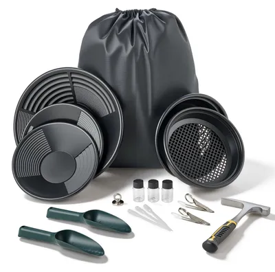 Produktbild von Goldwaschpfannen Set - Goldwaschset 19-teilig - Durchmesser 25 cm und 36 cm - Mit Klassiersieben und Sandmagnet - Steinhacke und Schaufeln - Rucksack - Aus PP - Schwarz