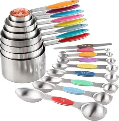 Zdjęcie produktu dla Zestaw miarki i łyżek ze stali nierdzewnej, 8-częściowy, 8 magnetycznych miarek, 1 poziomica, w różnych kolorach, przybory kuchenne.
