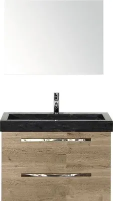 Produktbild von Sanox Badmöbel-Set Seville BxHxT 81 x 170 x 45,5 cm Frontfarbe eiche natur mit Waschtisch Naturstein schwarz, Waschtisch
