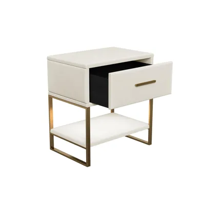 Productafbeelding van Nachtkastje, set van 2, beige, met fluwelen bekleding, nachtkastje met lade, opbergplank, bijzettafeltje met gouden metalen frame, modern nachtkastje