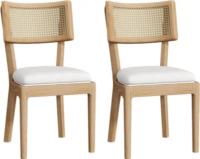 Immagine prodotto di AIORBER 2 sedie da pranzo in legno massiccio con schienale in rattan, cuscini in velluto, moderne e confortevoli, colore legno