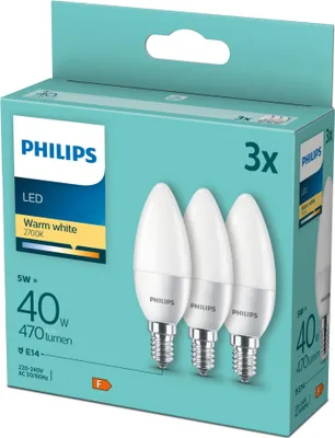 A package of three Philips LED light bulbs.