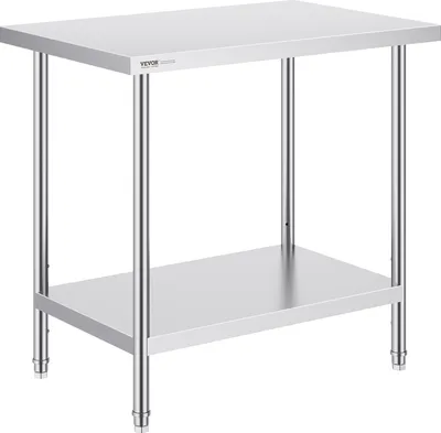 Image de Table de préparation VEVOR en acier inoxydable, 61 x 91 x 86 cm, capacité de charge de 340 kg, table de travail robuste en métal avec 3 niveaux de hauteur réglables, poste de travail commercial pour cuisine, garage, restaurant, arrière-cuisine