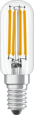 A close-up studio shot of a small LED light bulb with a clear glass casing and a silver screw base.