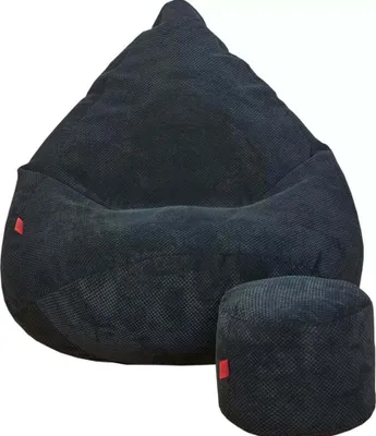 A black beanbag chair and matching footrest are shown against a white background.