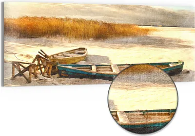 Produktbild von DEQORI Hybrid Leinwand Bild 125x50 cm 'Holzboote im Dünensand' Wandbild Glas flach modern