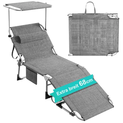 Produktbild von Sonnenliege klappbar mit Dach, Gartenliege, Liegestuhl mit Verstellbarer Rückenlehne & Kopfkissen, Campingliege für Strand, Pool & Garten, Grau