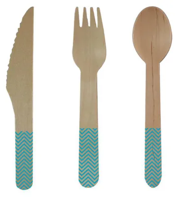 Produktbild von 24-teiliges Holzbesteck-Set Türkis Blau 8 Messer, 8 Gabeln und 8 Löffel