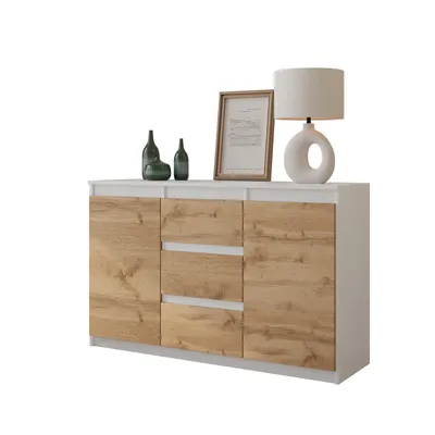 Produktbild von Kommode 120 cm Weiß Matt / Eiche Wotan, 3 Schubladen, 2 Türen, 2 Einlegeböden, Wohnzimmer