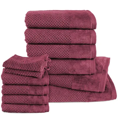 Produktbild von Pure Label 12.TLG Handtücher Set aus Baumwolle - 2x Badetuch 70x140 cm 4x Handtuch 50x100 cm 4x Gästetuch 30x50 cm 2x Waschlappen 16x21 cm, Beere