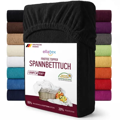 Produktbild von EllaTex FROTTEE TOPPER Spannbettlaken 200x200 – 200x220 Baumwolle – weich & warm, Spannbetttuch für Topper bis 12 cm, in Farbe: Schwarz