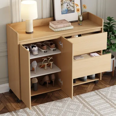 Produktbild von okwish Beweglicher Schuhschrank Beistellschrank mit verstellbare Innentrennwände,Schuhregal mit offene Fächer,Universalrollen mit Bremsen,Natur