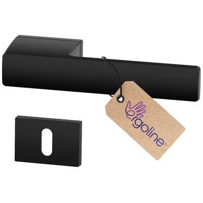 A black door handle and escutcheon plate are shown on a white background, with a product tag attached to the handle.